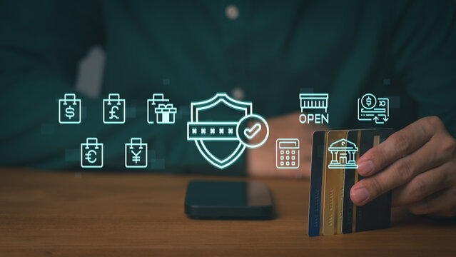 Financial security concept, credit cards with digital shield, currency icon and banking element, highlighting secure payment, fraud protection, global transaction, and modern digital finance system. - Powered by Adobe