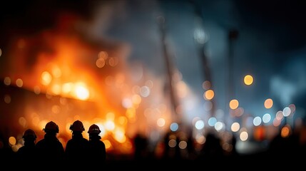 Silhouettes of firefighters using hoses to extinguish flames on a building while smoke and sparks fill the air
