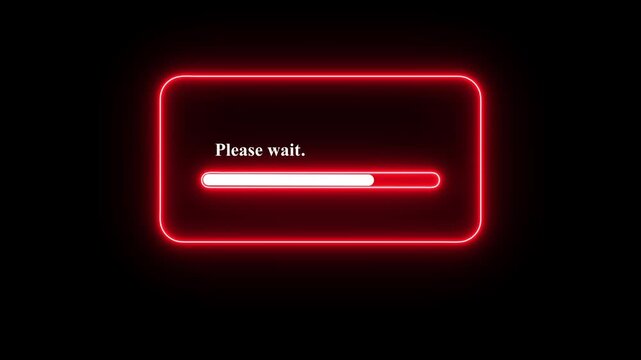 Please wait loading animation on black background, neon progress bar UI screen, glowing system processing indicator, buffering and waiting interface for apps