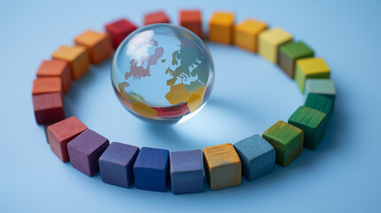 Glass Earth with Colorful Blocks – Global Unity, Diversity, and Sustainability Concept
