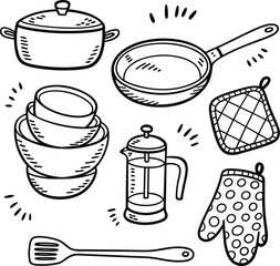 Hand drawn kitchenware illustration set including frying pan, cooking pot, bowls, spatula, French press, oven mitt, potholder, simple doodle style graphic