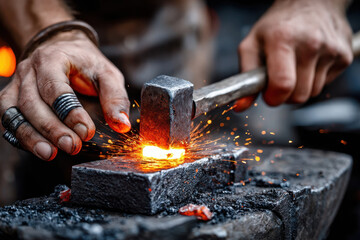 Blacksmith shaping metal in a forge during late afternoon with glowing sparks and tools