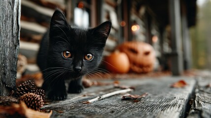Adorable Black Kitten Exploring Rustic Cabin in Autumn Setting