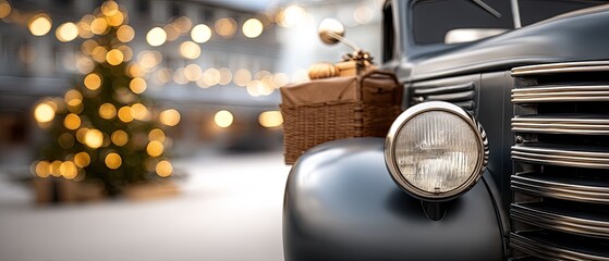 A vintage pickup truck at a tree farm is filled with wrapped gifts and decorations in a festive holiday scene