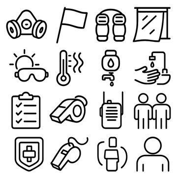 Worker Safety Icons. Worker Protection Essentials linear set: respirator mask, high-visibility flag, knee pads, dust barrier sheet, UV protection shield, heat stress icon,