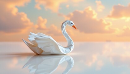 Naklejka premium Create an image of a delicate origami swan gracefully resting on a reflective surface, bathed in the soft hues of a pastel sky