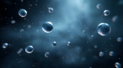 Abstract visualization of translucent spheres and glowing particles in a dark ethereal misty environment with dramatic lighting effects