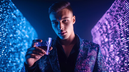 Man looking at camera holding drink while wearing sparkly suit. Nightclub setting with colorful lights creating vibrant atmosphere. Concept of nightlife, entertainment, events