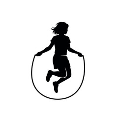 Silhouette of a girl skipping rope dynamic and energetic pose isolated on white background.