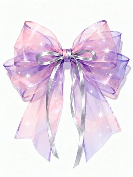 Elegant light and silver transparent ribbon bow, adorned with sparkling stars and sheer texture decoration accessories

