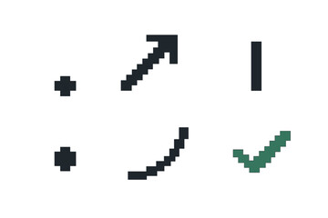 Pixel Progress Icons. Progress Steps pixel style set: starting point, rising arrow, mid-step bar, milestone dot, upward curve, completed marker.