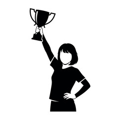 Woman holding up a trophy in celebration of victory.