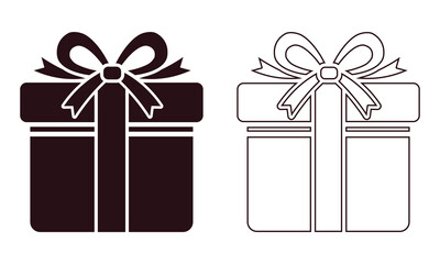 Two stylized gift boxes with bows one solid dark color and one outline isolated on white background