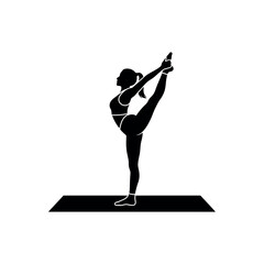 Woman practicing yoga in a standing split pose on a mat silhouette illustration.