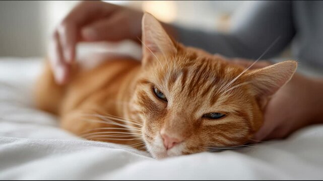 Close up of an affectionate ginger cat enjoying being petted by its owner while resting comfortably on a soft bed, showing a beautiful moment of companionship between a human and a pet