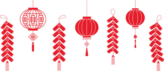 Red Chinese lanterns and decorative firecrackers, festive Lunar New Year illustration featuring traditional Asian celebration elements in elegant vector design © Md Nayim islam