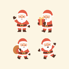 Cute Santa Claus characters in various poses, flat cartoon Christmas illustration.