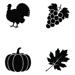 Thanksgiving Silhouette Icon Set Turkey, Grapes, Pumpkin, and Maple Leaf Vector