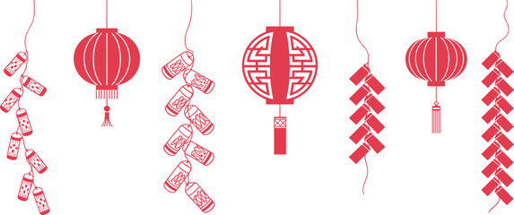 Red Chinese lanterns and decorative firecrackers, traditional Lunar New Year celebration elements illustrated in elegant vector style for festive cultural design