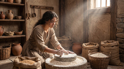 Obraz premium Biblical scene of the Virgin Mary kneeling at a millstone, looking up at a divine light representing the angel. Concept of the Annunciation and faith in ancient Nazareth.
