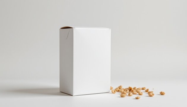 A minimalist blank cereal box mockup featuring a product packaging cardboard box isolated on a white background