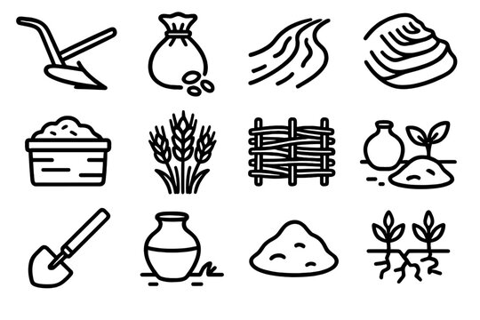 Sustainable Farming Icons. Sustainable Early Agriculture linear set: wooden plow, seed pouch, irrigation ditch, terraced hillside, compost pit, grain bundle, woven fence, clay pot