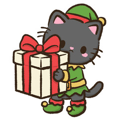 Luna black cat Christmas elf carrying large gift box cute holiday illustration kawaii festive winter art