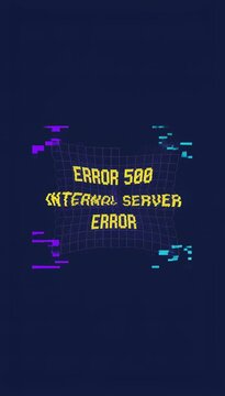 Futuristic animation showing an internal server error 500 message with a digital glitch and distortion effect, representing a system failure, cyber attack, or technical issues on a website