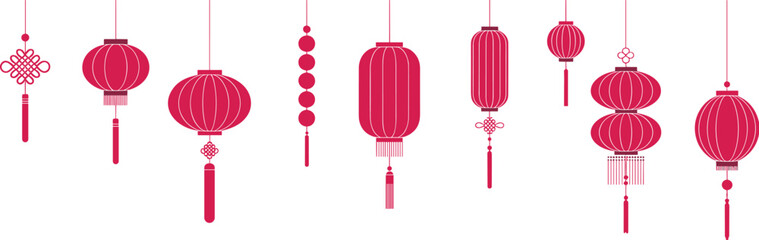 Obraz premium Red Chinese lanterns hanging in various shapes, festive Asian decoration illustration, traditional Lunar New Year celebration elements in modern minimal style