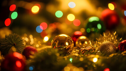 Close-up of festive Christmas ornaments and bokeh lights a warm and inviting holiday background for seasonal celebrations and decorations