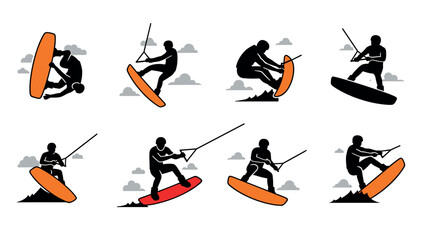 Silhouette wakeboarding actions: dynamic water sports moves in flat design