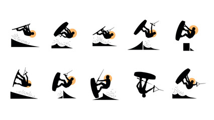 Dynamic kiteboarding silhouettes: iconic aerial acrobatics with bold action poses