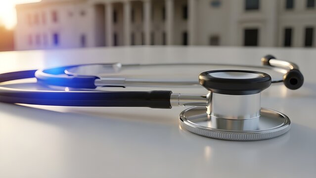 Pol&iacute;tica sanitaria: estetoscopio y edificio gubernamental