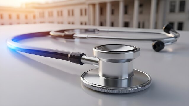 Pol&iacute;tica sanitaria: estetoscopio y edificio gubernamental