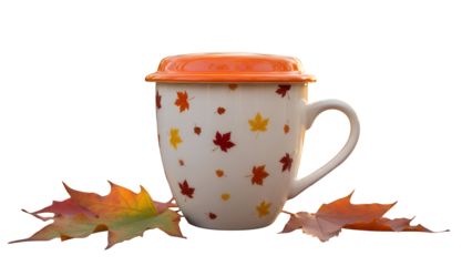 Autumn Leaf Ceramic Mug with Orange Lid – Isolated on Transparent Background