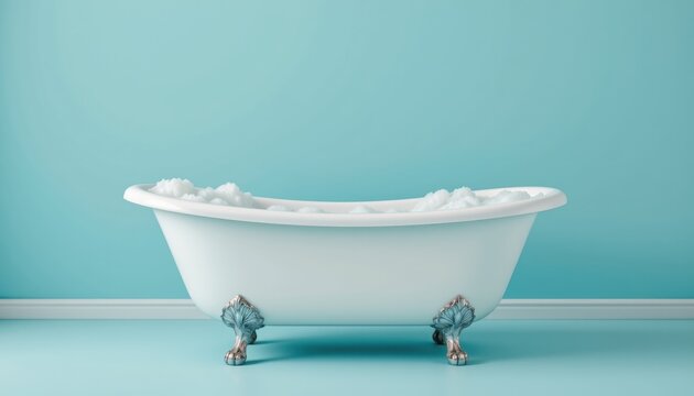 Classic white bathtub with foam and bubbles on pastel blue background, Subject at top in turquoise tones
