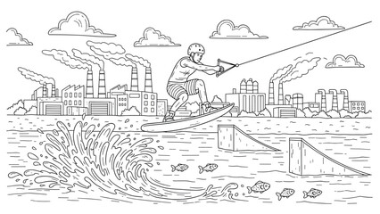 Wakeboarding adventure in industrial landscape with geometric style