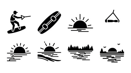 Wakeboarding and sunset silhouette icons collection for summer adventure themes
