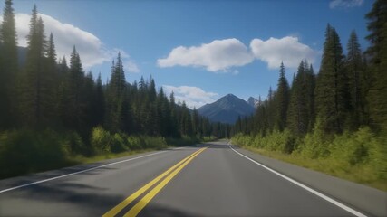 Scenic mountain road driving through pine forest with dramatic peaks and blue sky with clouds highway