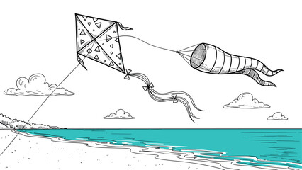 Fototapeta premium Hand drawn kites on a beach with turquoise waves and cloudy sky