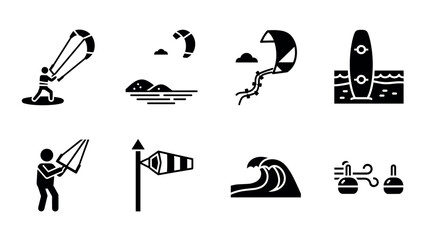 Silhouette icons of extreme water sports activities with waves and wind