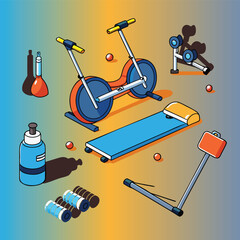 Isolated vector illustration of metal gym fitness exercise training equipment icons on white
