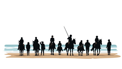 Equestrian group on beach at sunset with silhouette style art