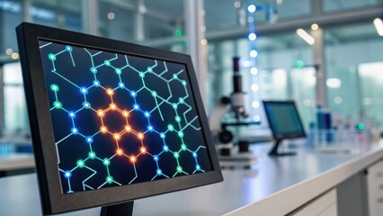 A high-tech laboratory showcasing a monitor displaying a molecular structure, surrounded by scientific equipment and a modern research environment.