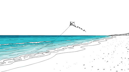 Minimalist beach scene with kite flying over waves and sandy shoreline