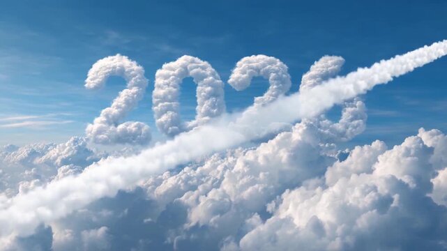 As the world welcomes 2026, a plane soars through the sky, leaving a trail of clouds that form the numbers 2026. People around the globe celebrate the arrival of the new year