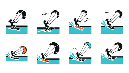 Obraz premium Kitesurfing silhouettes set: dynamic water sport icons with kite and surfboard