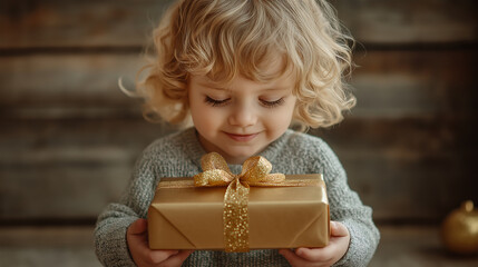 Happy toddler child holding a golden Christmas gift, celebrating holidays, eagerly anticipating unwrapping a special present, sharing joy and festive spirit