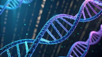 A vibrant, 3D representation of DNA strands, showcasing intricate details and glowing colors against a dark background.