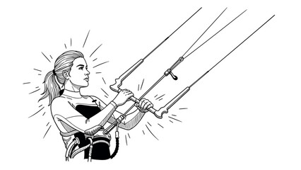 Dynamic line art of female kite surfer in action with detailed equipment
